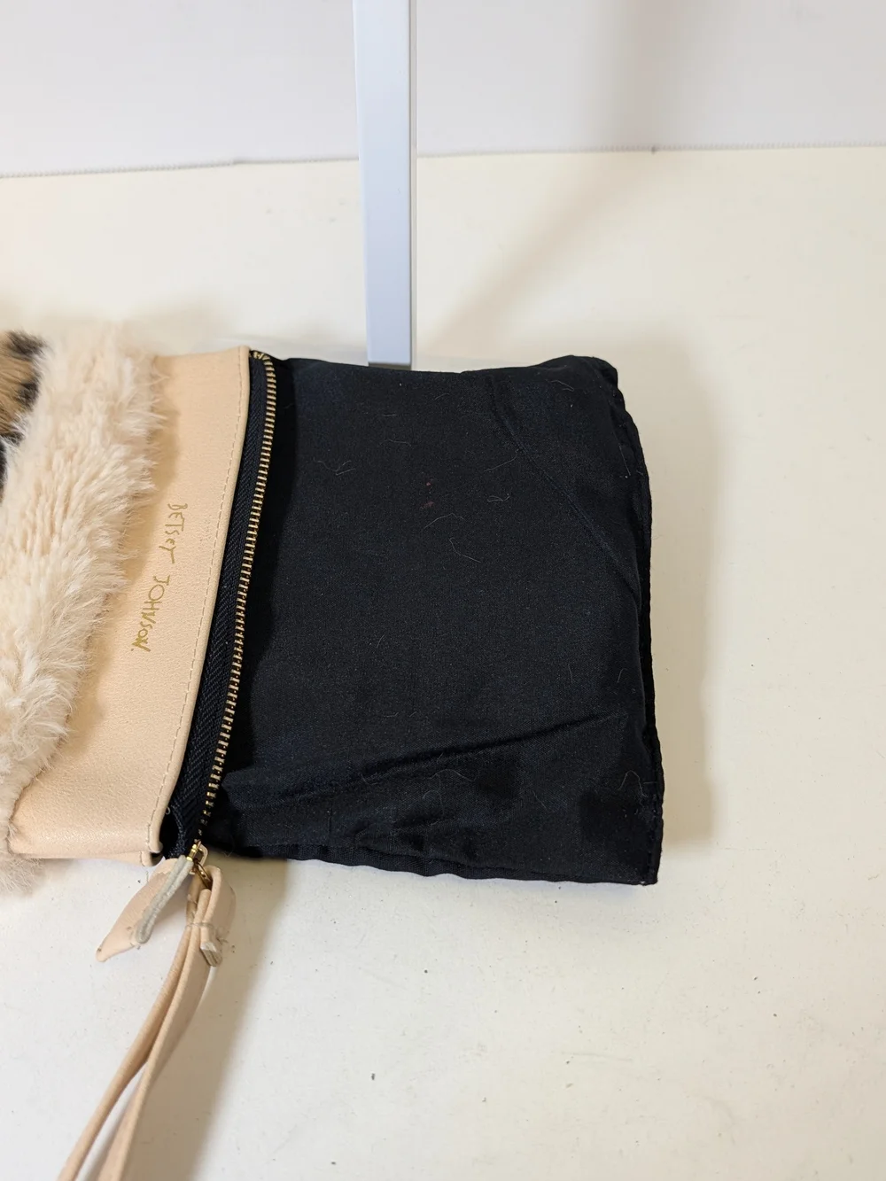 Betsey Johnson Beige, Leopard & Black Faux Fur Stripe Wristlet